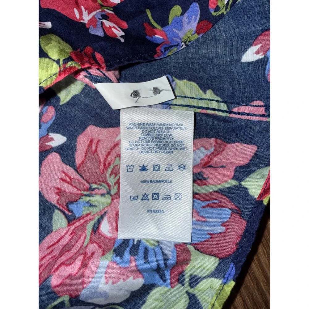Lands' End Womens 16 Navy Blue Floral No Iron Supima Cotton Button Down Shirt - Picture 6 of 7
